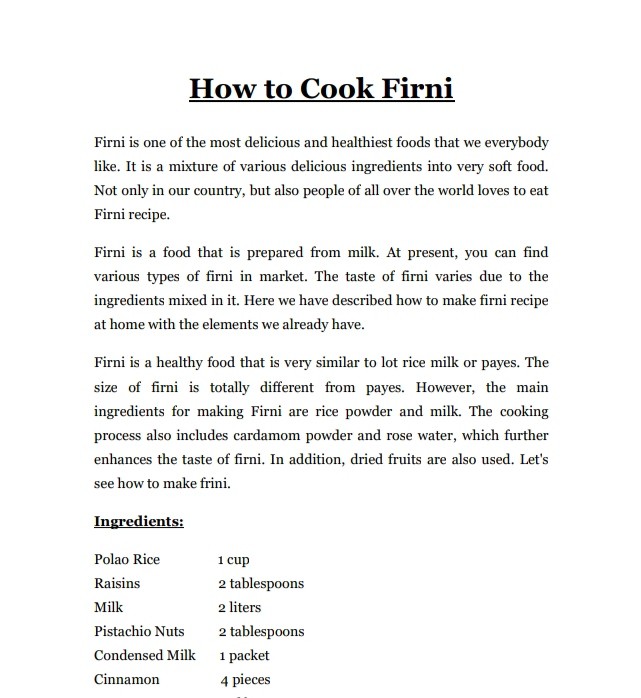 Firni Recipe Assignment in English